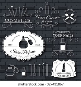 cosmetics set label template of emblem element for your product or design, web and mobile applications with text. Vector illustration with thin lines isolated icons on stamp symbol svg