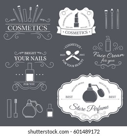 cosmetics set label template of emblem element for your product or design, web and mobile applications with text. Vector illustration with thin lines isolated icons on stamp symbol