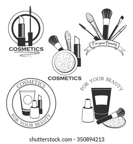 Cosmetics set label for your product or design with mascara, lipstick, creams, nail polish, powder, eye shadow, blush, brushes, glitter, lip svg