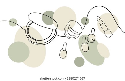 Cosmetics set line brushes with green and yellow shape on white background. Minimal design templtate card outline