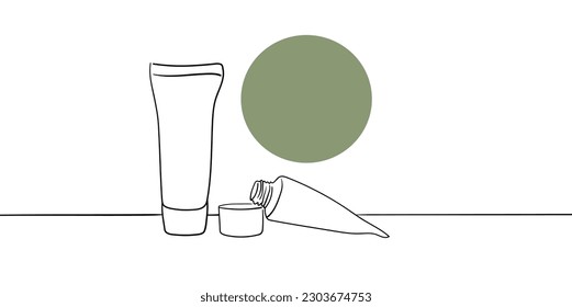 Cosmetics set line brushes tube with green shape on white background. Minimal design templtate card