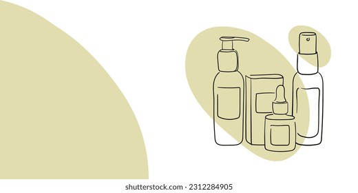  Cosmetics set line brushes with yellow shape on white background. Minimal design templtate card