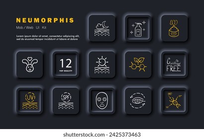 Cosmetics set line icon. Skin protection, natural ingredients, mask, moisturizing, cold, shield, restoration. Neomorphism style. Vector line icon for business and advertising