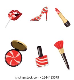
cosmetics set of lips with candy and red striped shoes