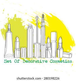 cosmetics set of lipsticks and brushes. vector illustration for your design, cosmetic banners, brochures and promotional items. acrylic yellow-green spots