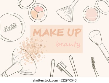 Cosmetics set and makeup artist with a fashion background objects: powder, eye shadow, blush, brushes. With space for your text. .template Vector.