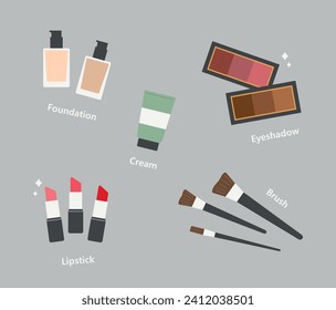 Cosmetics set, Makeup products. Foundation, cream, eyeshadow, lipstick, brush. Perfect look and beauty. Isolated vector icons, objects on a white background.
