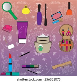 Cosmetics set. Makeup vector illustration on vintage background