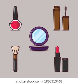 Cosmetics Set Nail Polish bottle, Mascara, Compact Mirror, Makeup Brush, Lipstick