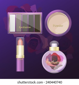 Cosmetics set on a purple background in roses
