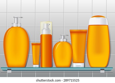 Cosmetics Set on a Shelf in the Bathroom. Orange Plastic Packaging. Vector illustration. Plastic Pack Template Ready For Your Design.