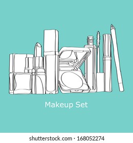 cosmetics Set painted by hand on a blue background