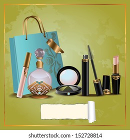 Cosmetics set and perfume bottles with gift bags, blank label