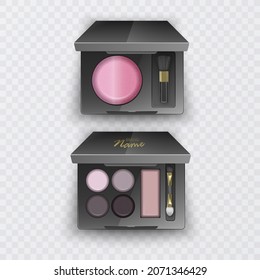 Cosmetics set, realistic Eye shadow, lip gloss and powder blush collection. Product placement