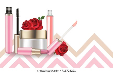 Cosmetics set realistic Vector. Lip gloss and mascara. Product package mock up decorated abstract background