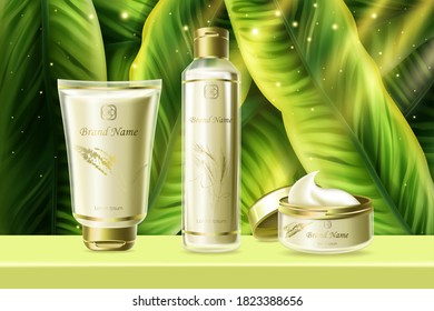 Cosmetics set for skincare moisture vector illustration. Summer herbal moisturizer cream product for body face skin in tubes or bottles with green palm leaves decor, cosmetology advertising background