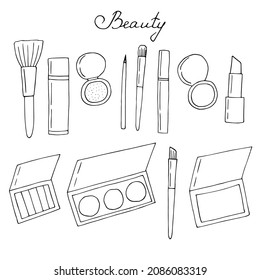 Cosmetics set vector illustration, hand drawing doodle