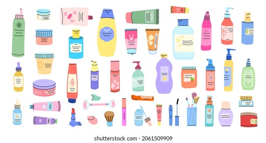Cosmetics set vector illustration. Various cosmetics for face, hair, body. Bright packaging of cosmetics. Creams, shampoos, makeup.Isolated on a white background.