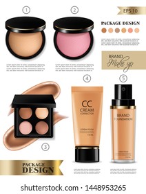 Cosmetics set Vector realistic. Eye shadow, lip gloss and powder blush collection. Product placement. 3d illustration. Top view