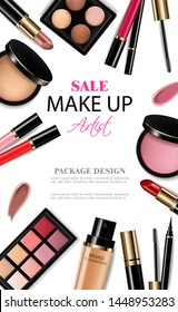 Cosmetics set Vector realistic. Eye shadow, lip gloss and powder blush collection. Product placement. 3d illustration