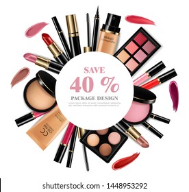 Cosmetics set Vector realistic. Eye shadow, lip gloss and powder blush collection. Product placement. 3d illustration