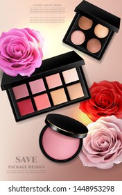 Cosmetics set Vector realistic. Eye shadow, lip gloss and powder blush collection. Product placement. 3d illustration