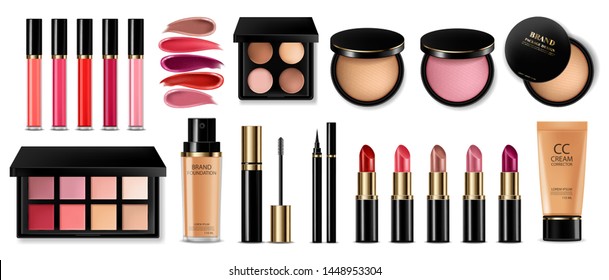 Cosmetics set Vector realistic. Eye shadow, lip gloss and powder blush collection. Product placement. 3d illustration