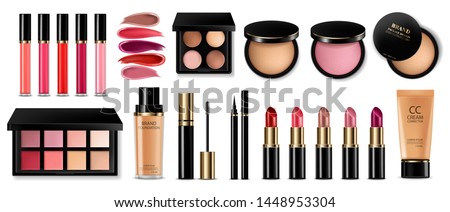 Cosmetics set Vector realistic. Eye shadow, lip gloss and powder blush collection. Product placement. 3d illustration