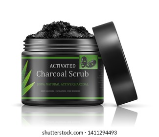 Cosmetics setting ads. Black package template with charcoal. Branding mockup. Charcoal cosmetic. Facial skin care product.