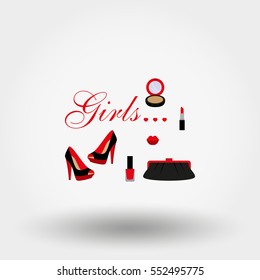Cosmetics, shoes, bag. Icons set for web and mobile application. Vector illustration on a white background. Flat design style