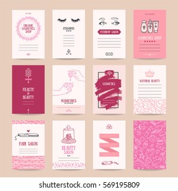 Cosmetics shop business card, beauty parlor invitation, nail salon flyer, spa procedures poster, make-up banner. Artistic vector templates set with thin line symbols and hand drawn design elements.