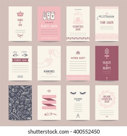 Cosmetics shop business cards, beauty parlor invitations, nail salon flyer, spa banner. Artistic templates collection with thin line symbols and hand drawn design elements. Isolated vector.