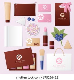 Cosmetics Shop Corporate Identity Template Set. Woman Beauty Stationary Mockup. Personal Branding. Vector illustration