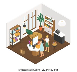 Cosmetics shop - modern vector colorful isometric illustration. High quality composition with store interior, customer and assistant choosing skin products. Beauty, makeup and healthcare idea