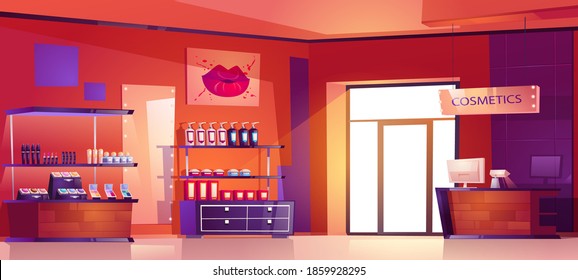 Tienda de cosméticos con productos para maquillaje, cuidado de la piel y perfume en estanterías. Caricatura vectorial interior de la tienda de belleza con caja en el mostrador, vitrinas con botellas de loción, productos de cuidado de la piel y labios