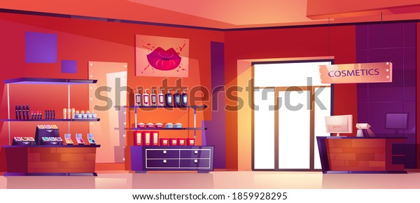 Cosmetics shop with products for makeup,\
skincare and perfume on shelves. Vector cartoon interior of beauty\
store with cashbox on counter, showcases with lotion bottles, skin\
care goods and\
lipsticks