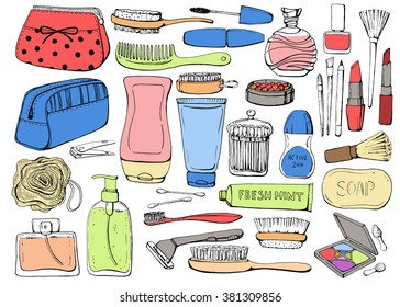 Cosmetics and shower accessories for skin. Sketch illustration. Health, clean body. Beauty.