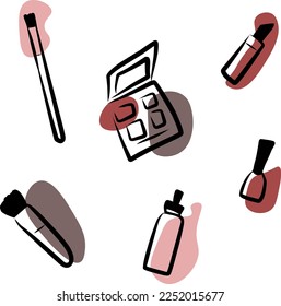 Cosmetics, sketch with color spots, vector. Lipstick, shadows, brushes, nail polish, cosmetic bottle. Abstract hand drawn illustration.