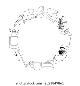 Cosmetics skin care candle patches serum cream mask round circle frame line Vector illustration.

