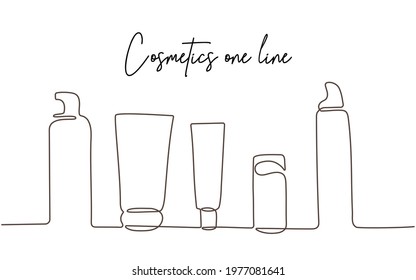 Cosmetics for skin care. Continuous one line drawing. Cosmetic bottles with a dispenser and tubes with skin care products. Vector illustration., eps10