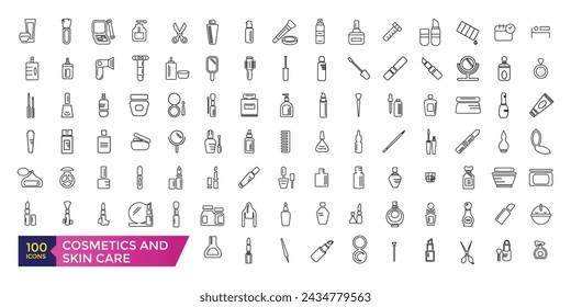 Cosmetics and skin care icon set. Moisture cream, acid, anti wrinkle serum, sunscreen Outline signs for skincare products.