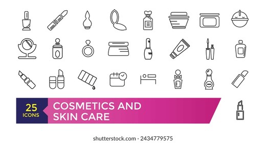 Cosmetics and skin care icon set. Moisture cream, acid, anti wrinkle serum, sunscreen Outline signs for skincare products.