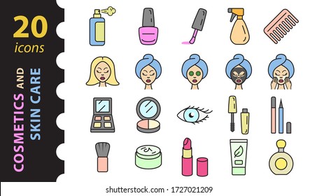 Cosmetics and skin care icons set in color. Beauty Salon Concept. Linear vector icons in a flat style.