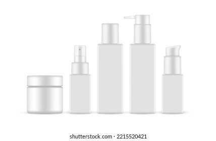 Cosmetics Skin Care Plastic Packaging Bottles Mockups, Isolated on White Background. Vector Illustration