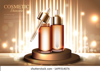 Cosmetics or skin care product ads with gold bottle on gold circle podium stage with glittering light effect. vector design.