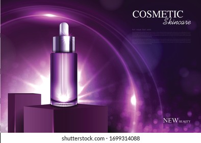 Cóméticos o anuncios de productos para el cuidado de la piel con frasco morado en el estrado cuadrado púrpura con efecto luminoso brillante. diseño vectorial.