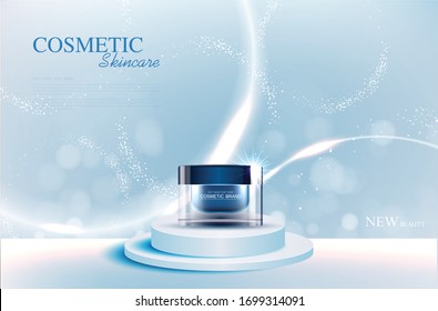 Cosmetics or skin care product ads with blue bottle on blue circle podium stage with glittering light effect and moisture. vector design.