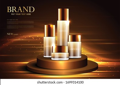 Cosmetics or skin care product ads with gold bottle on gold circle podium stage with glittering light effect. vector design.