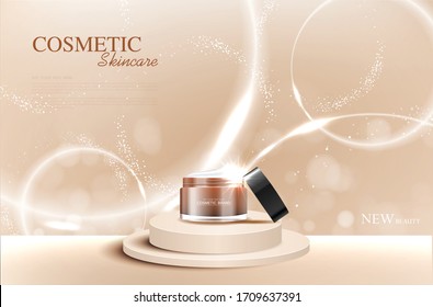 Cosmetics or skin care product ads with bottle on gold circle podium stage with glittering light effect. vector design.
