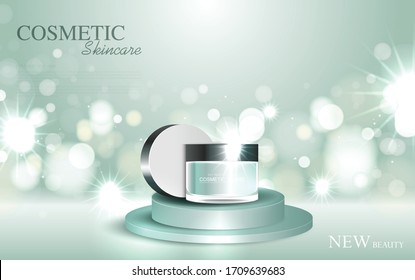 Cosmetics or skin care product ads with bottle on green circle podium stage with glittering light effect. vector design.